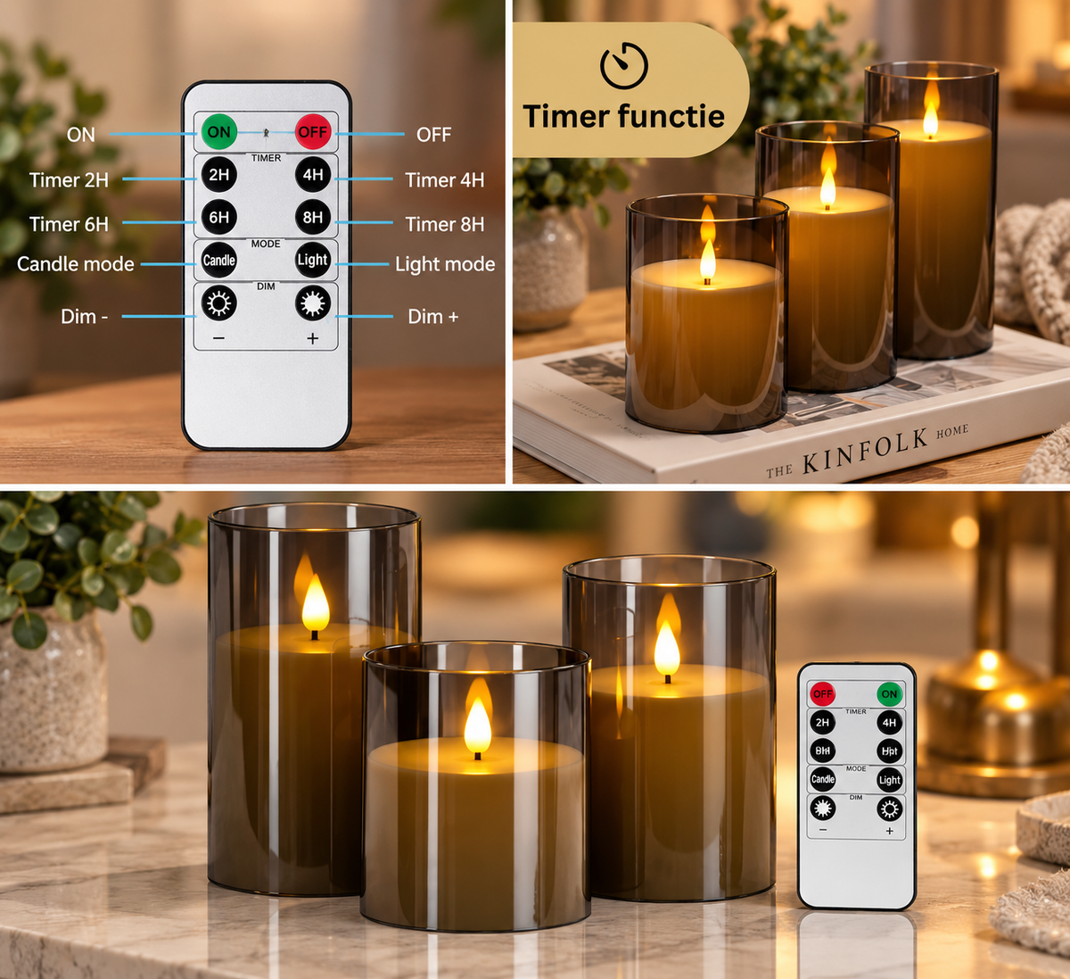 Set van 3 LED Kaarsen – Met Afstandsbediening en Timer – 10, 12.5 & 15 cm