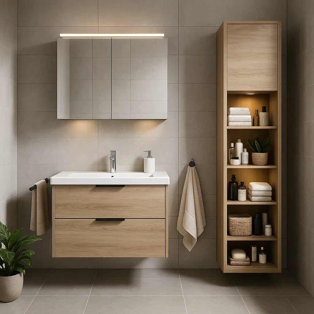 Moderne badkamer met zwevend houten wastafelmeubel, hoge opbergkast en spiegelkast met LED-verlichting, ingericht voor een efficiënte ochtendroutine.