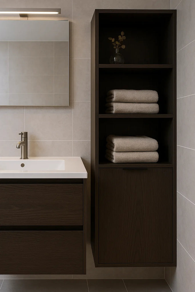 Donkerhouten hoge badkamerkast met open vakken naast wastafelmeubel, opgevuld met handdoeken.