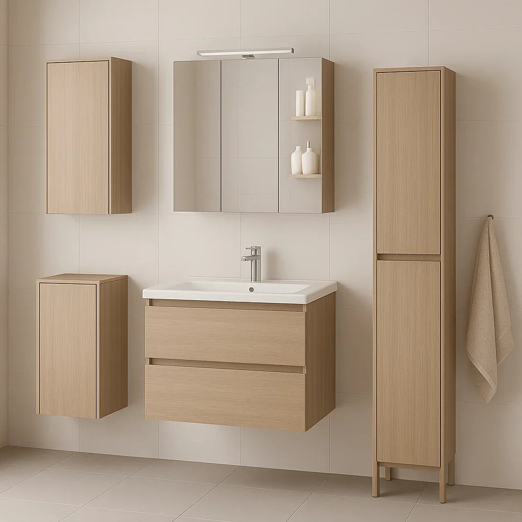 Strakke moderne badkamer met zwevend wastafelmeubel, spiegelkast en slanke kolomkast in licht hout.