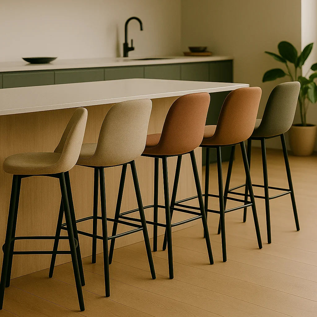 Moderne barkrukken met stoffen zitting en zwart metalen frame aan een licht houten keukeneiland