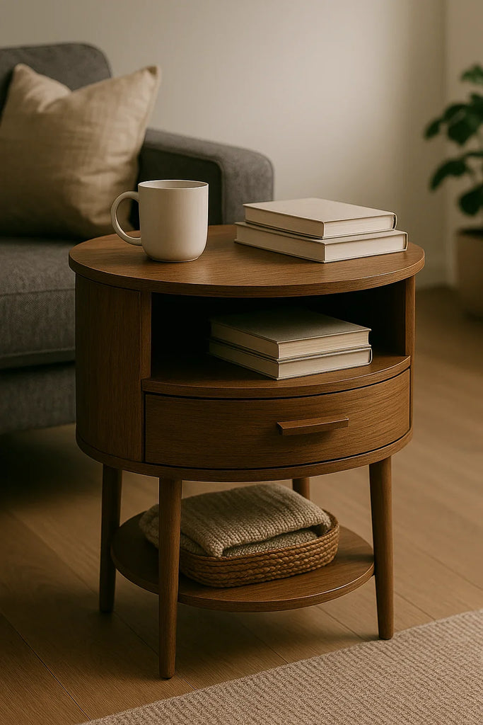 Ronde houten bijzettafel met lade, open vak en onderplank naast een grijze bank in een warme woonkamer