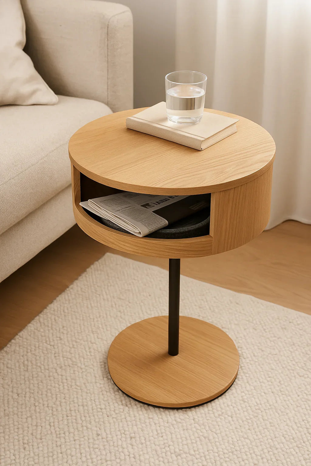Ronde houten bijzettafel met opbergruimte naast beige bank