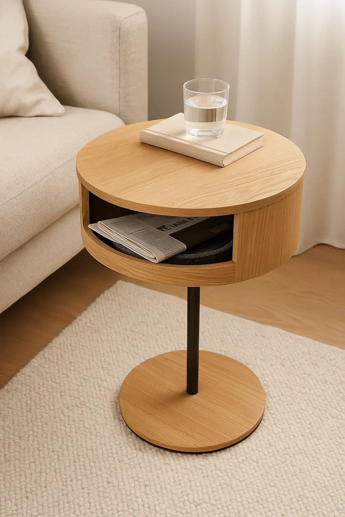 Ronde houten bijzettafel met opbergruimte naast beige bank