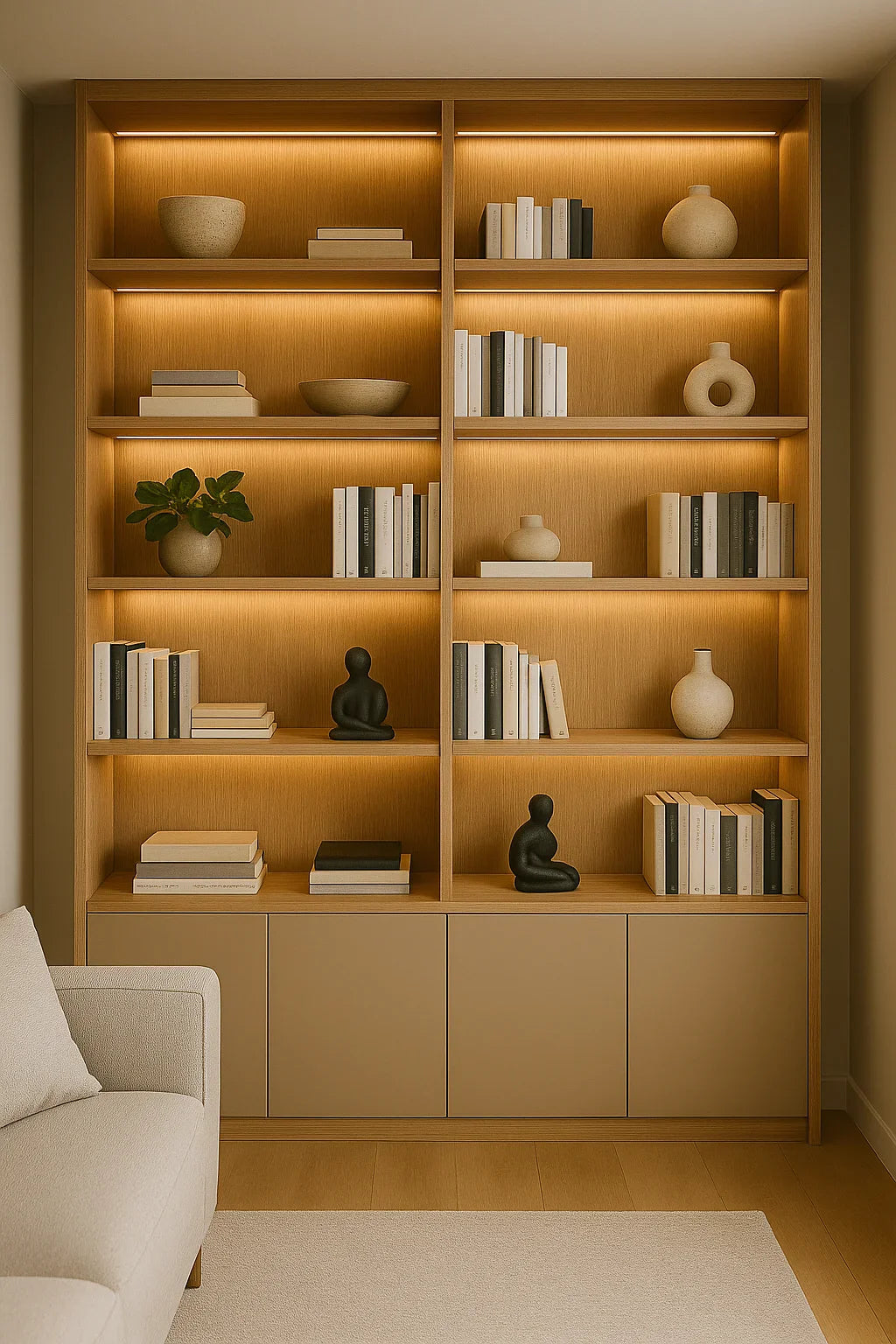 Ingebouwde boekenkast van vloer tot plafond in eikenhout met LED-verlichting, gevuld met boeken, keramiek en decoratieve objecten.