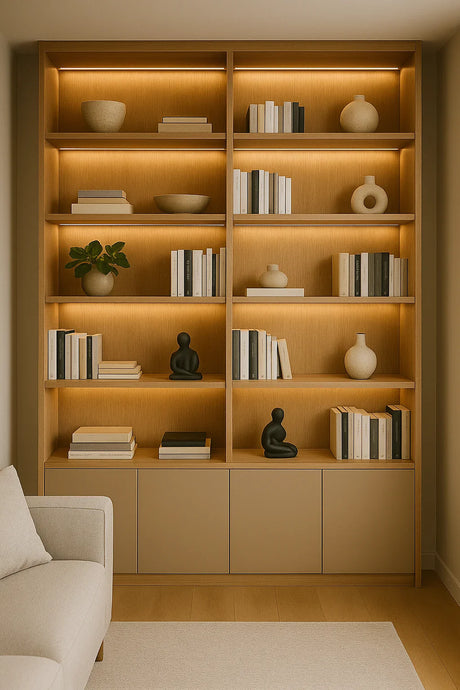 Ingebouwde boekenkast van vloer tot plafond in eikenhout met LED-verlichting, gevuld met boeken, keramiek en decoratieve objecten.
