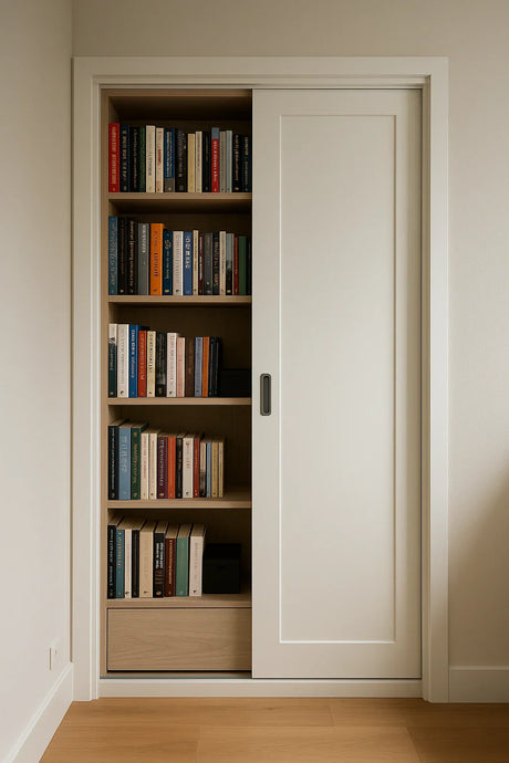 Ingebouwde boekenkast met witte schuifdeur in een smalle ruimte