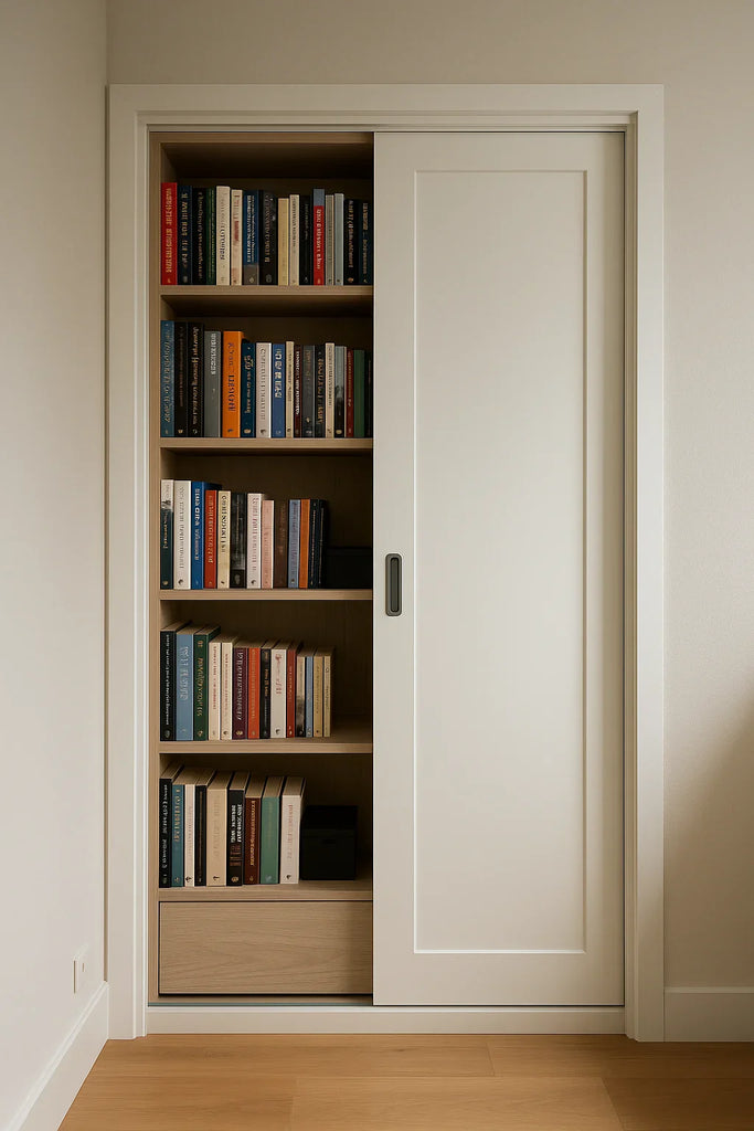 Ingebouwde boekenkast met witte schuifdeur in een smalle ruimte