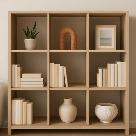 Minimalistische houten boekenkast met open vakken, gevuld met boeken, keramiek en decoratieve objecten
