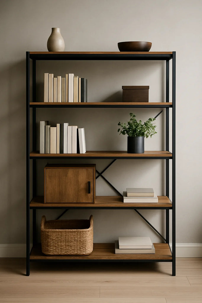 Industriële boekenkast van zwart staal met houten planken, minimalistisch gestyled in modern interieur.