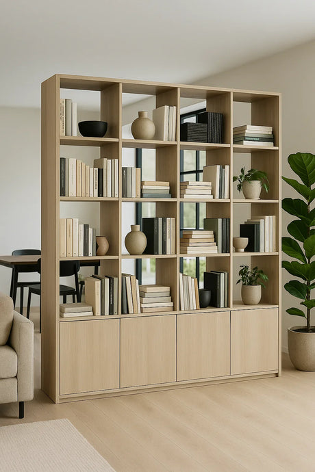 Moderne open boekenkast van licht hout, gebruikt als roomdivider met boeken, vazen en planten in een minimalistisch interieur.