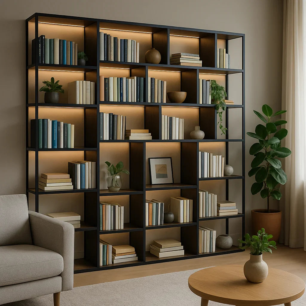 Moderne boekenkast van zwart metaal en hout, gevuld met boeken, planten en decorstukken in een stijlvolle woonkamer met LED-verlichting.