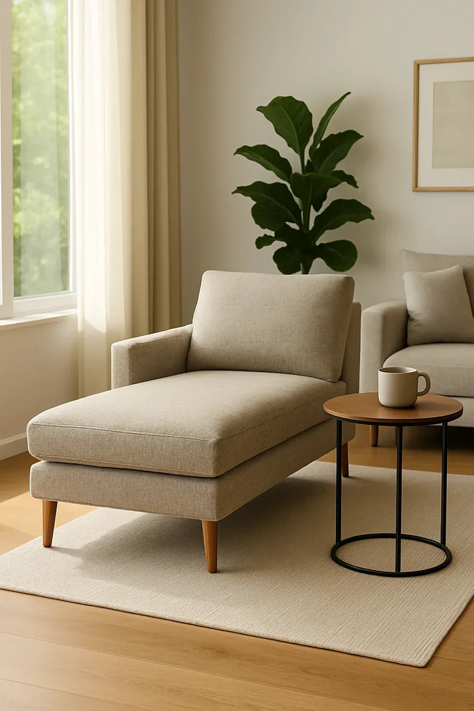 Taupekleurige chaise longue met bijzettafel in een moderne woonkamer