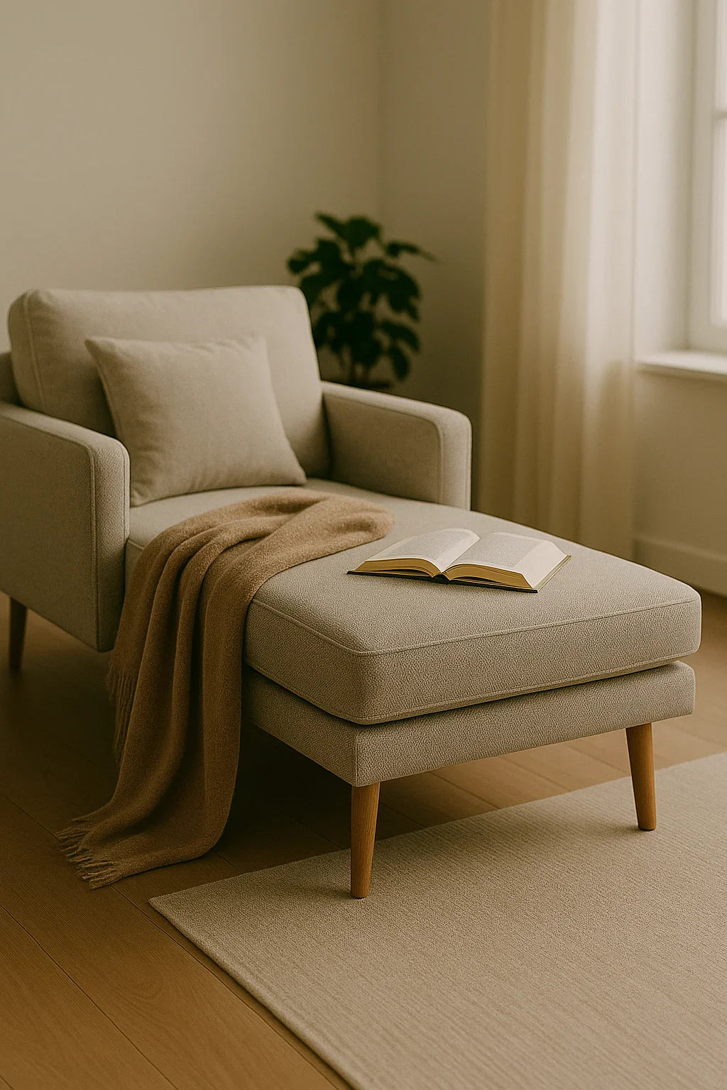 Moderne beige chaise longue met houten poten, bijzettafel, vloerlamp en kunst aan de muur in een lichte woonkamer.