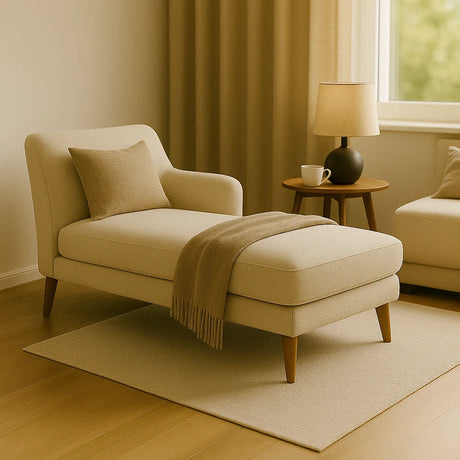 Beige chaise longue in een slaapkamer met houten vloeren en bijzettafel met lamp.