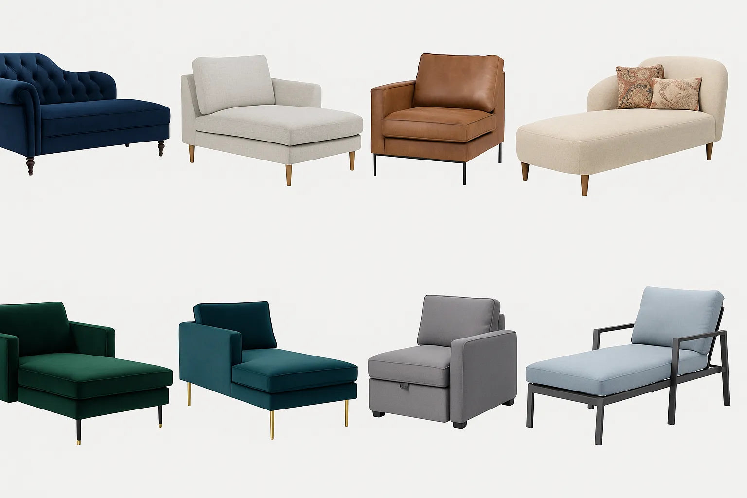 Acht chaise longues in unieke interieursituaties, variërend van klassiek blauw fluweel tot moderne grijze stoffen ontwerpen