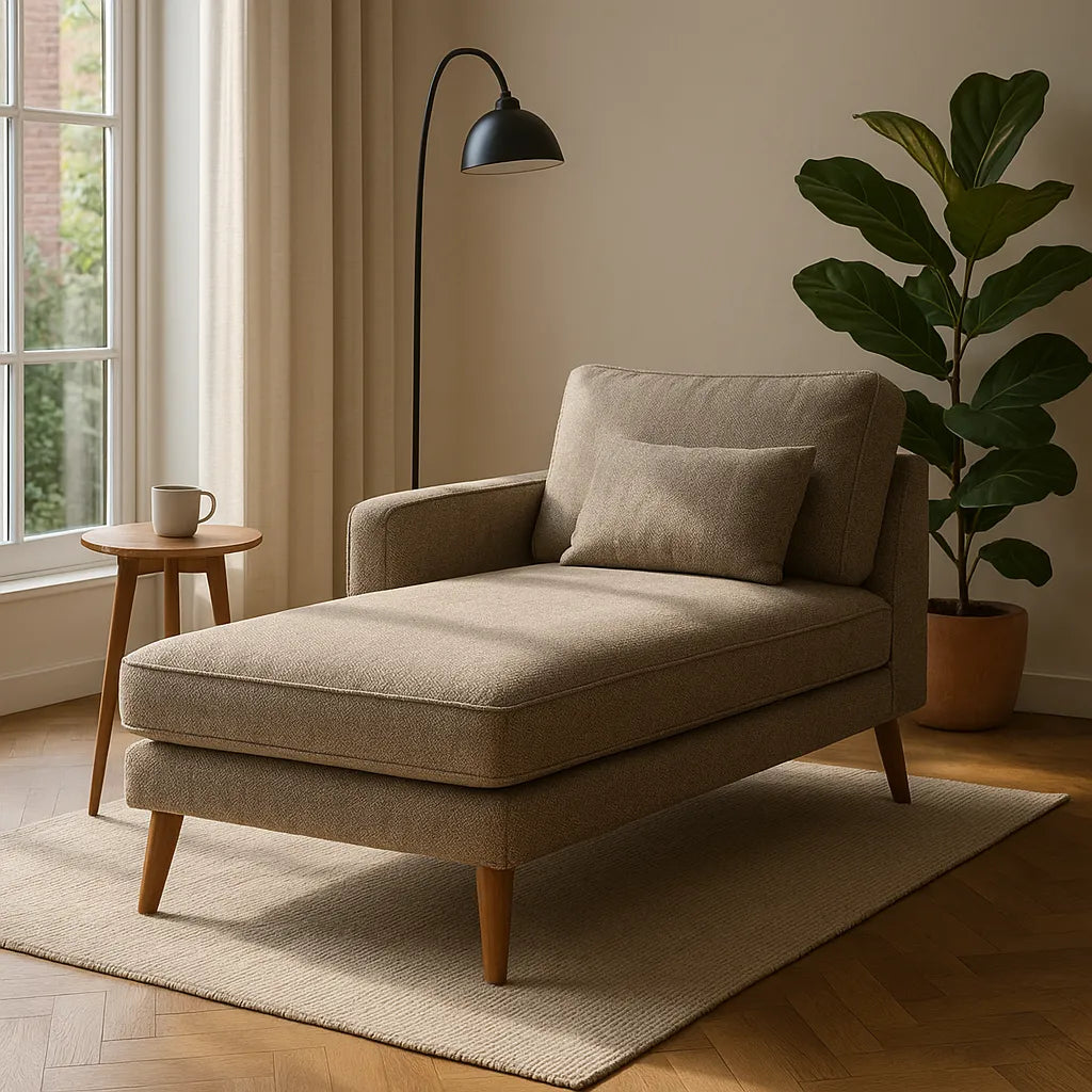 Beige chaise longue met kussen in een lichte woonkamer met houten vloer, vloerkleed, plant en staande lamp