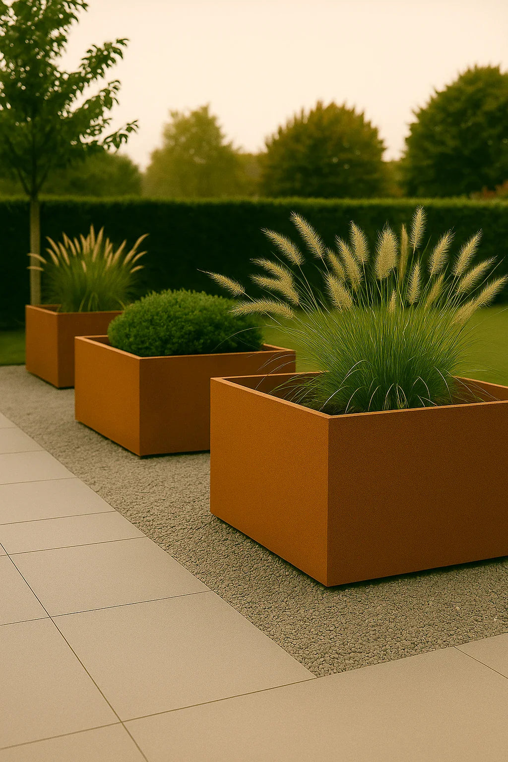 Moderne tuin met drie cortenstaal plantenbakken gevuld met siergrassen en buxus, geplaatst op een grindstrook naast grote terrastegels.