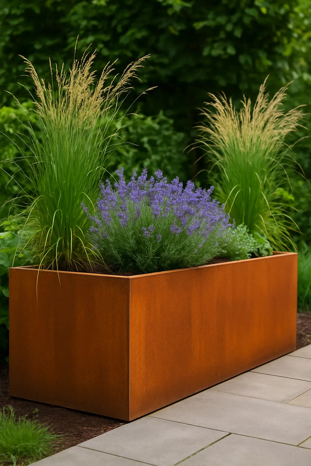 Grote cortenstaal plantenbak met siergras en lavendel in moderne tuin