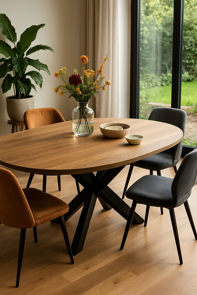 Ovale eettafel van hout met zwart metalen poot in moderne eetkamer, omringd door fluwelen stoelen en gedecoreerd met bloemen