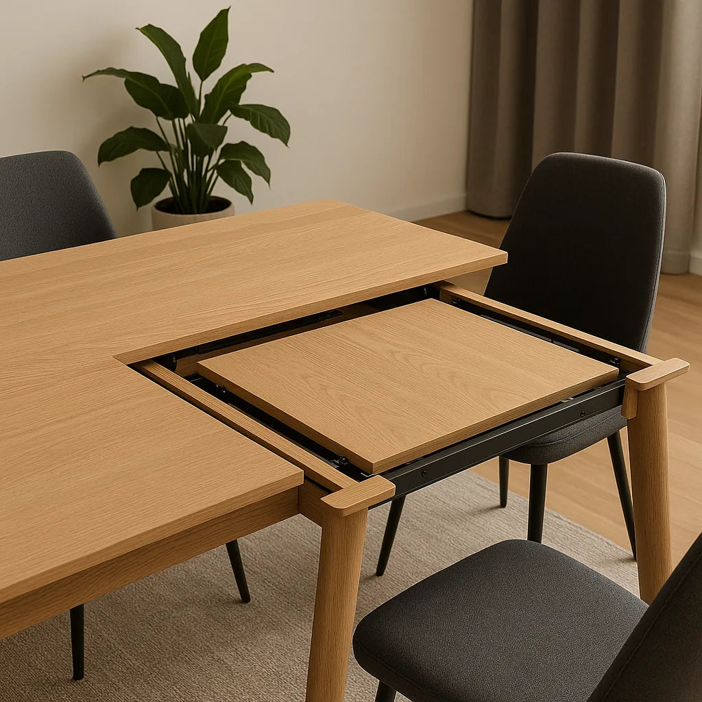 Moderne eetkamertafel met uitschuifbaar blad in lichte houttint