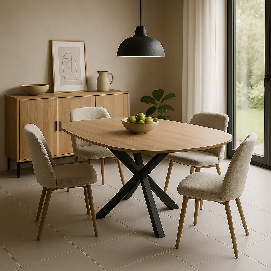 Moderne eetkamertafel van ovaal hout met zwart metalen kruispoot, omringd door beige gestoffeerde stoelen in een lichte eetkamer met veel daglicht.