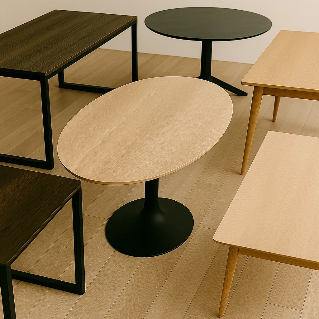 Diverse eetkamertafels in verschillende vormen en materialen, geplaatst op een lichte houten vloer.