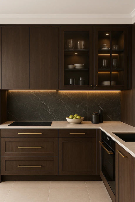 Donkerbruine luxe keuken met marmeren achterwand, messing handgrepen en ingebouwde verlichting