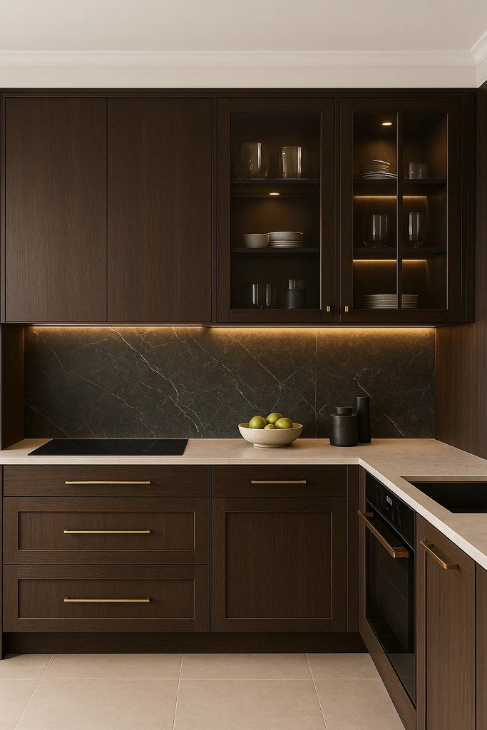 Donkerbruine luxe keuken met marmeren achterwand, messing handgrepen en ingebouwde verlichting