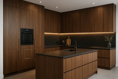 Moderne keuken met walnoot keukenkasten, zwart marmeren werkblad en LED-verlichting
