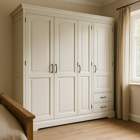 Landelijke kledingkast in lichte houten uitvoering met warme sfeerverlichting