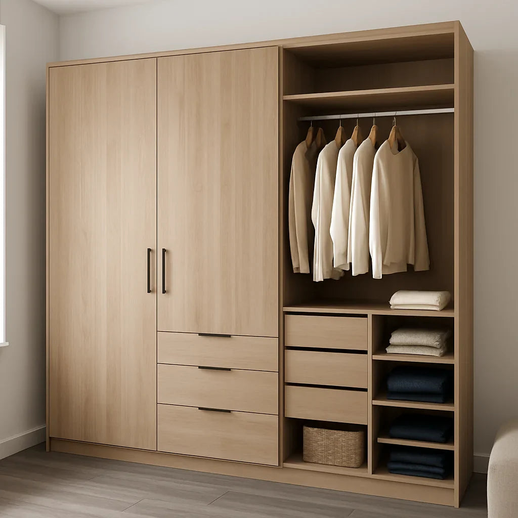 Moderne houten kledingkast met open vakken, lades en hanggedeelte.