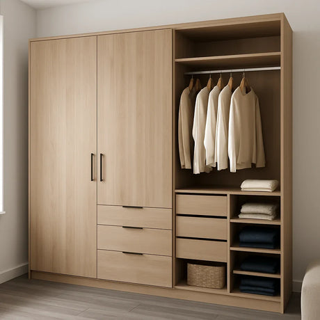 Moderne houten kledingkast met open vakken, lades en hanggedeelte.