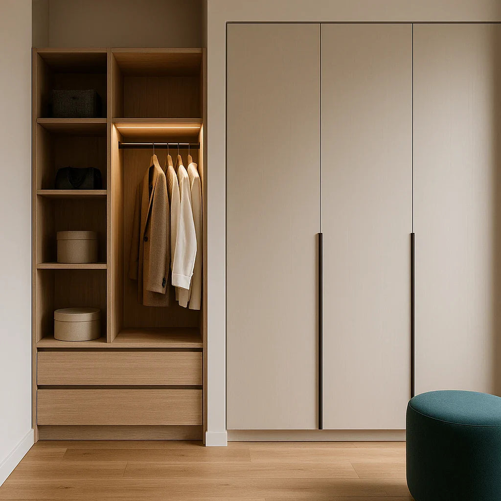 Minimalistische inloopkast met houten afwerking en geïntegreerde LED-verlichting.