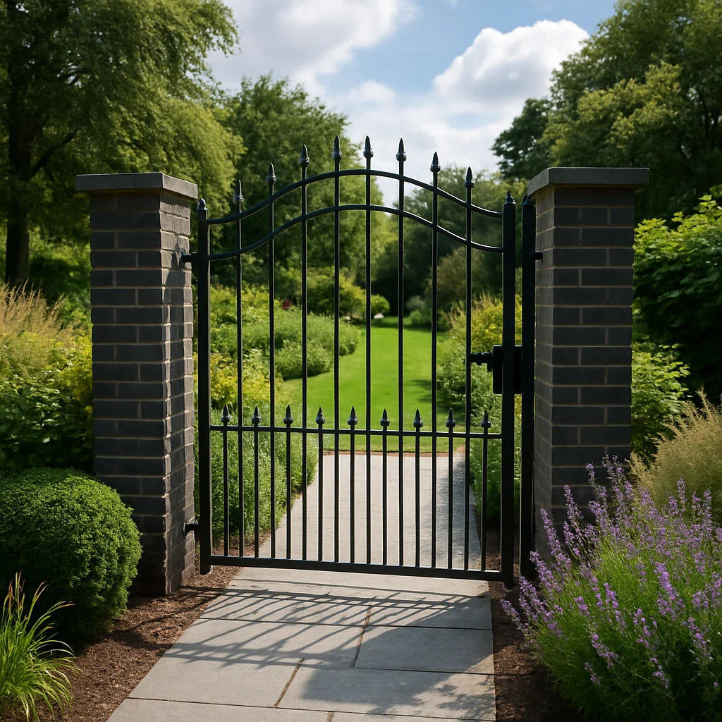 Een zwarte metalen tuinpoort met sierlijke punten tussen twee grijze bakstenen zuilen, omgeven door bloemen en een gazonpad