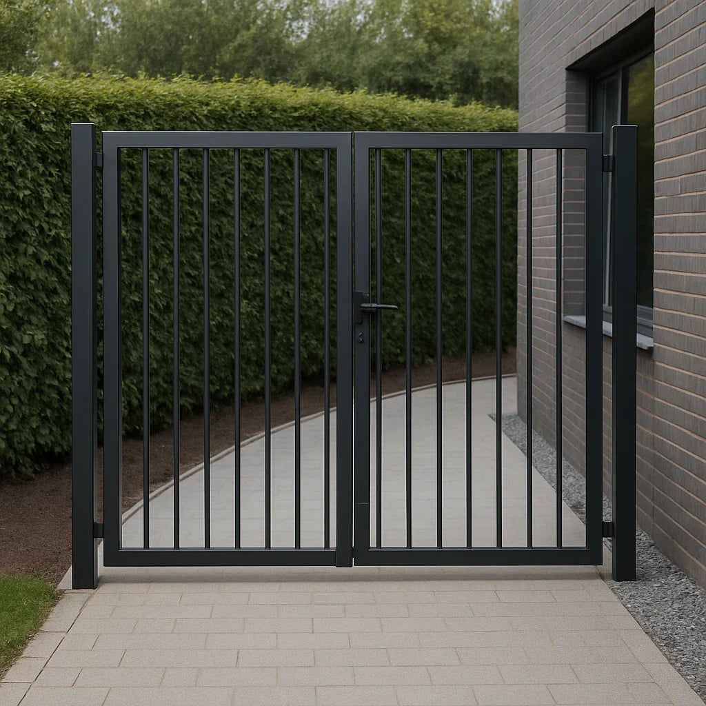 Dubbele metalen tuinpoort met rechte lijnen en modern zwart frame, aan een oprit naast een hedendaagse woning.