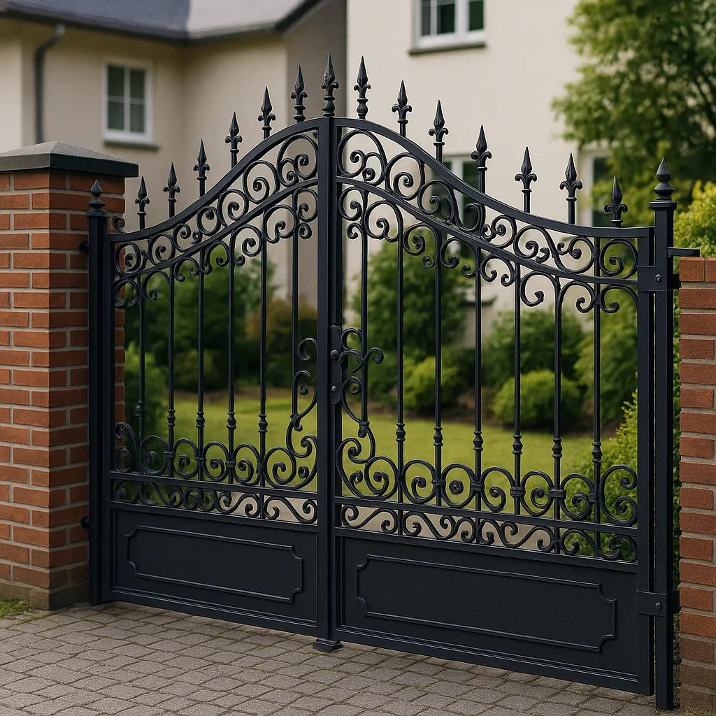 Sierlijke zwarte metalen tuinpoort met klassieke krullen en spijlen, gemonteerd tussen rode bakstenen kolommen voor een woning met tuin.