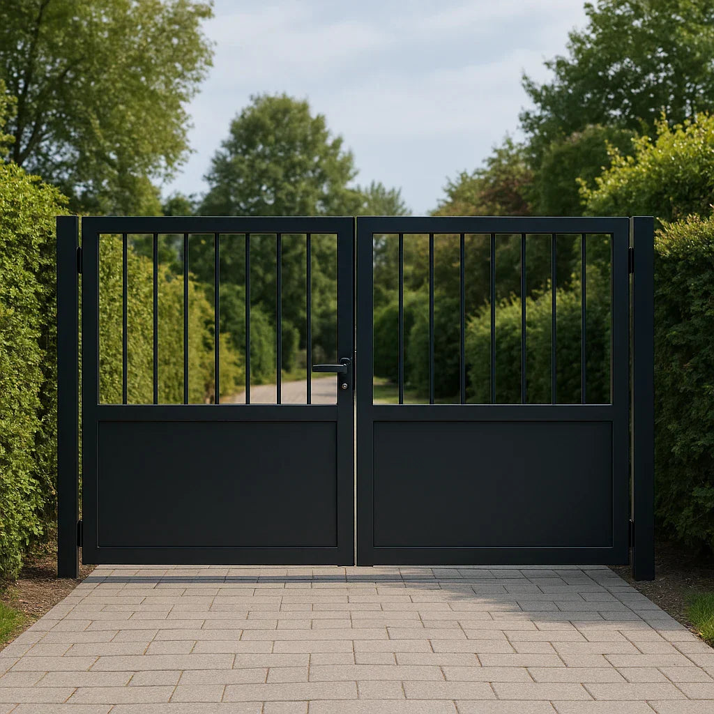 Strakke zwarte metalen tuinpoort met dubbele vleugel, geplaatst aan een tuinpad omringd door groen.