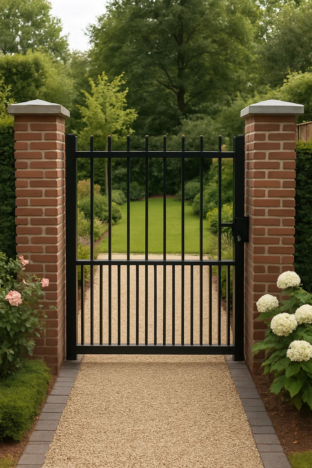 Zwarte metalen tuinpoort tussen twee bakstenen zuilen, met zicht op een strak aangelegde tuin vol groen.