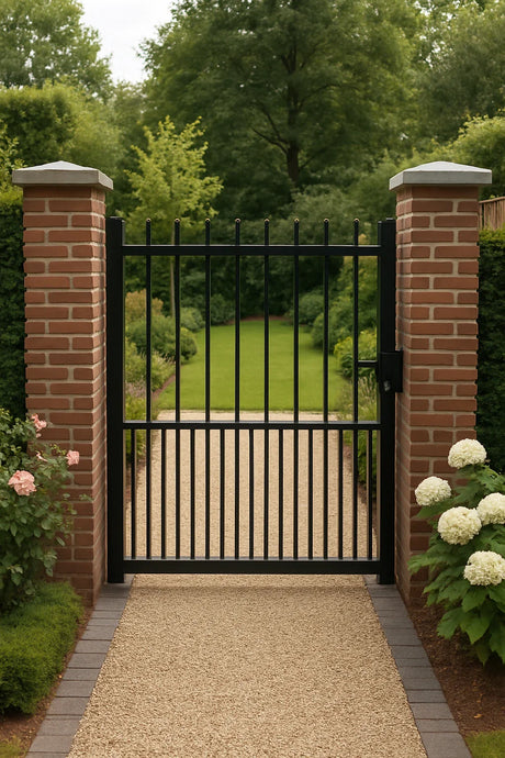 Zwarte metalen tuinpoort tussen twee bakstenen zuilen, met zicht op een strak aangelegde tuin vol groen.