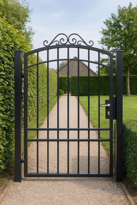 Zwarte metalen tuinpoort met sierlijke bovenrand, geplaatst tussen hagen langs een grindpad