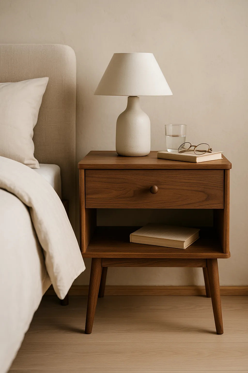 Stijlvol nachtkastje naast een bed, met lamp, boeken en accessoires voor een rustige slaapkameruitstraling.