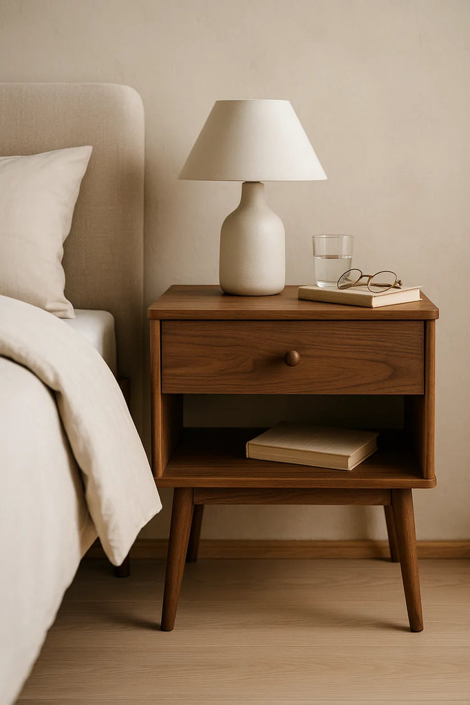 Stijlvol nachtkastje naast een bed, met lamp, boeken en accessoires voor een rustige slaapkameruitstraling.