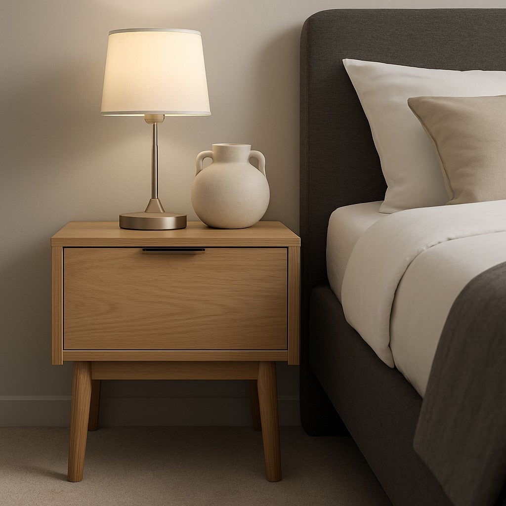 Een moderne slaapkamer met een stijlvol houten nachtkastje naast een bed, gedecoreerd met een minimalistisch lampje en accessoires