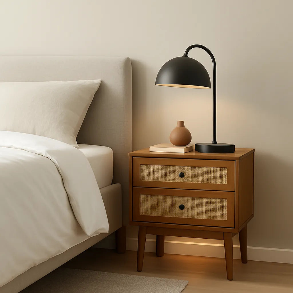 Minimalistisch houten nachtkastje met lade en open vak in moderne slaapkamer