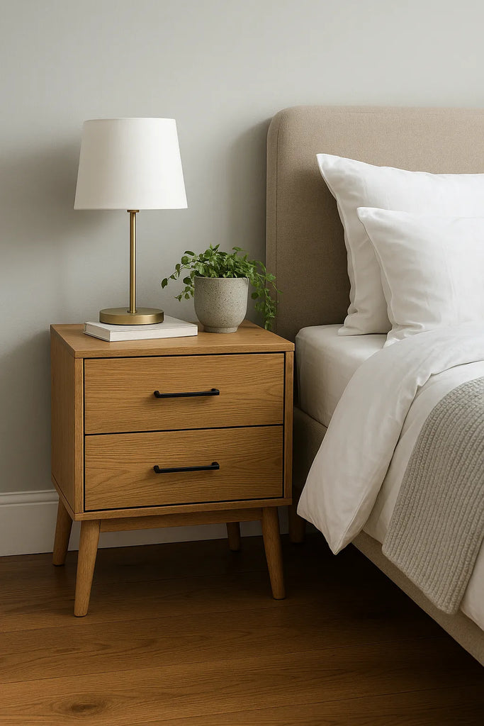 Modern houten nachtkastje met twee lades, lamp en plantje naast een opgemaakt bed in een lichte slaapkamer