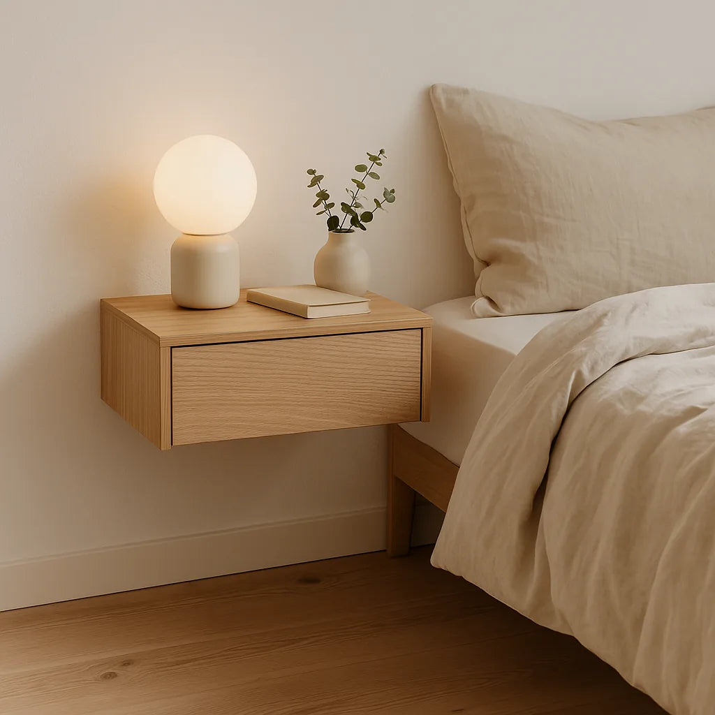 Scandinavisch zwevend nachtkastje van licht eiken met opaal lamp en linnen