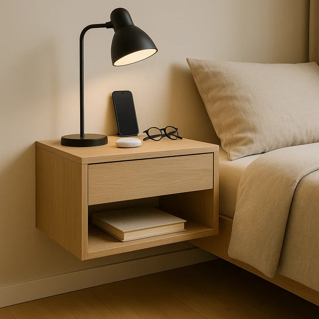 Zwevend eikenhouten nachtkastje met lade en open vak, voorzien van zwarte tafellamp, bril, oplaadcase en smartphone.