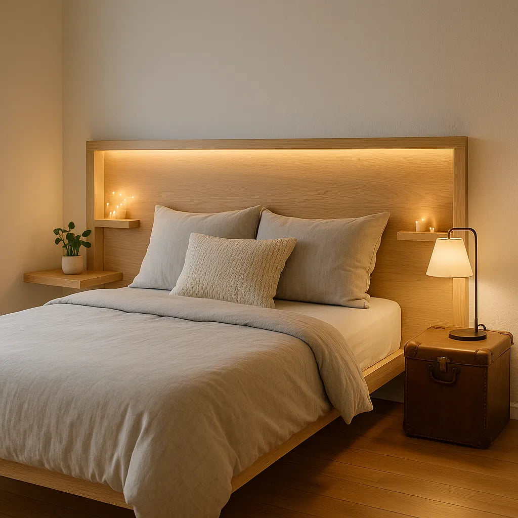 Moderne slaapkamer met ingebouwde nachtkastjes, sfeerverlichting en een vintage koffer als lampentafel.