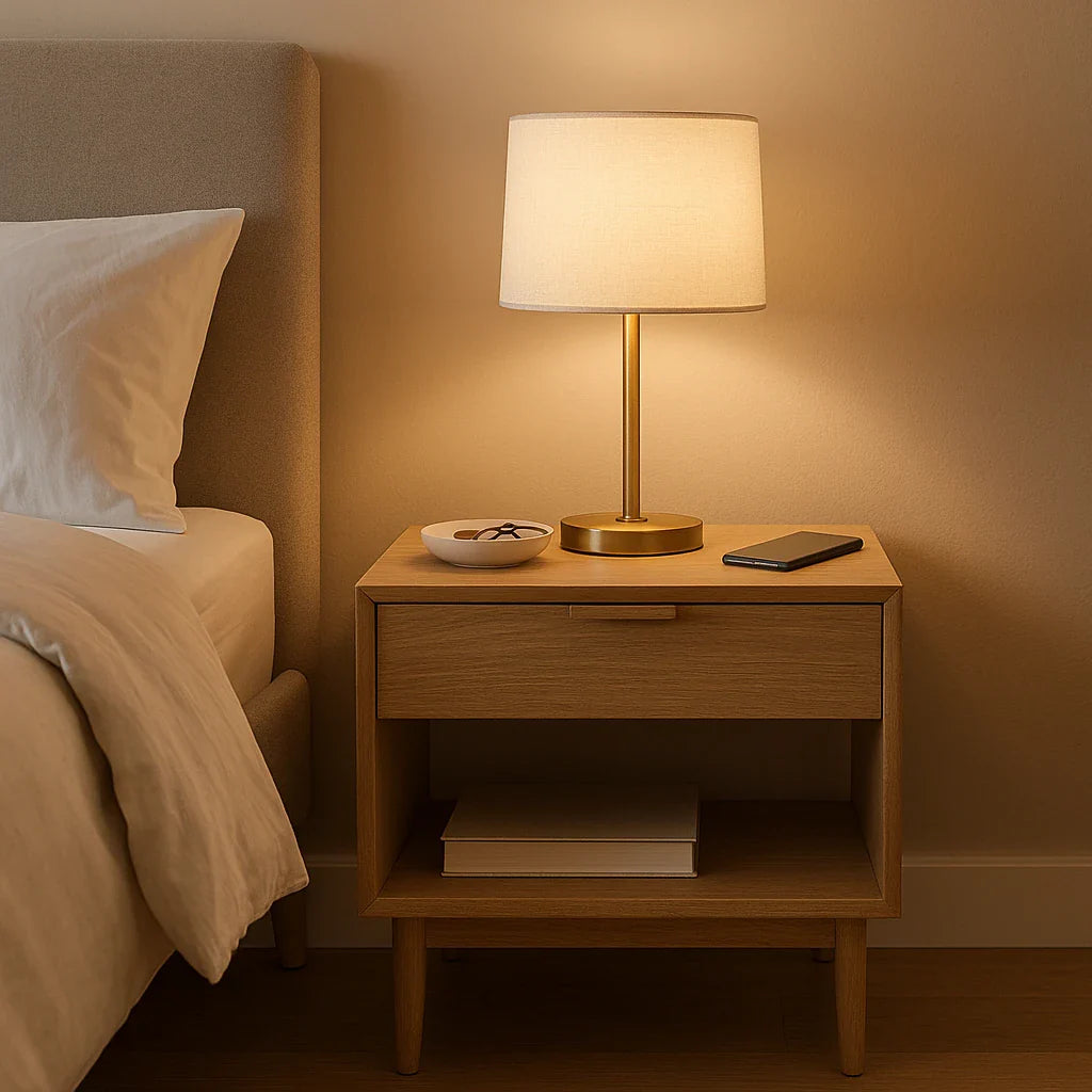 Moderne eikenhouten nachtkastje naast een bed met beige hoofdbord, compleet met lamp, schaal en smartphone.